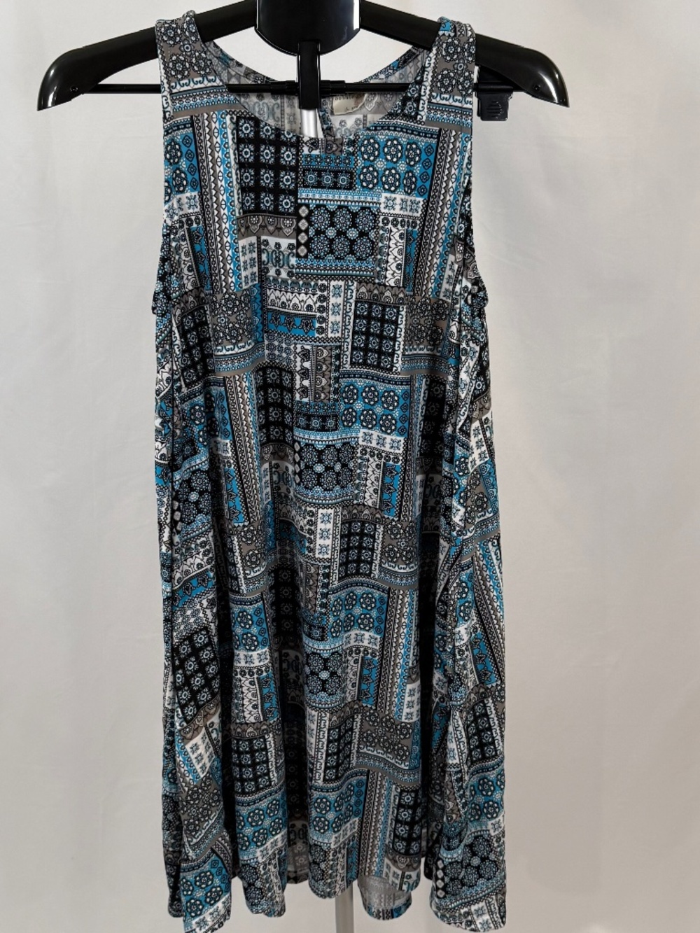 Bobbie Brooks Womens L Sleeveless Boho Swing Dress Teal Black Patchwork Midi